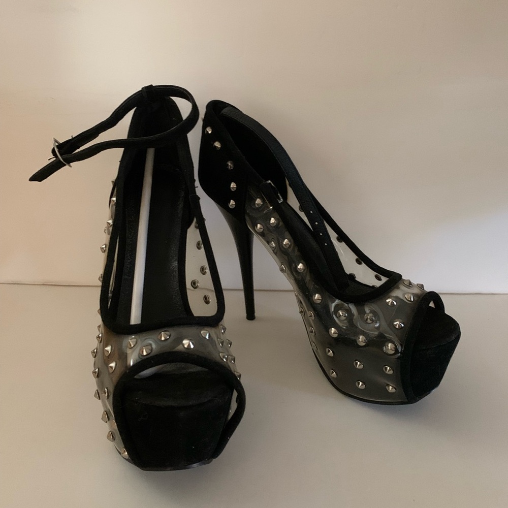 WOMENS STUDDED PLATFORM STILETTO PEEP TOE PUMP